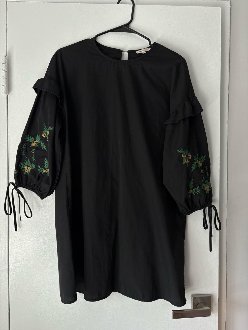 bleuh ciel Black Shift Dress with Green & Gold Floral Sleeve Embroidery